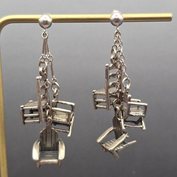 VTG Sterling Silver Dangling Chair Earrings 2" Whimsical Miniatures Signed Rare - Picture 1 of 8